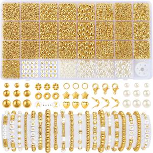 Funtopia Spacer Beads for Jewelry Making, 2500Pcs Gold Round Beads for Bracelets, 4mm 6mm 8mm Spacer Loose Ball Bead Star Pearls Letter Bead for DIY Bracelet Jewelry Making Craft