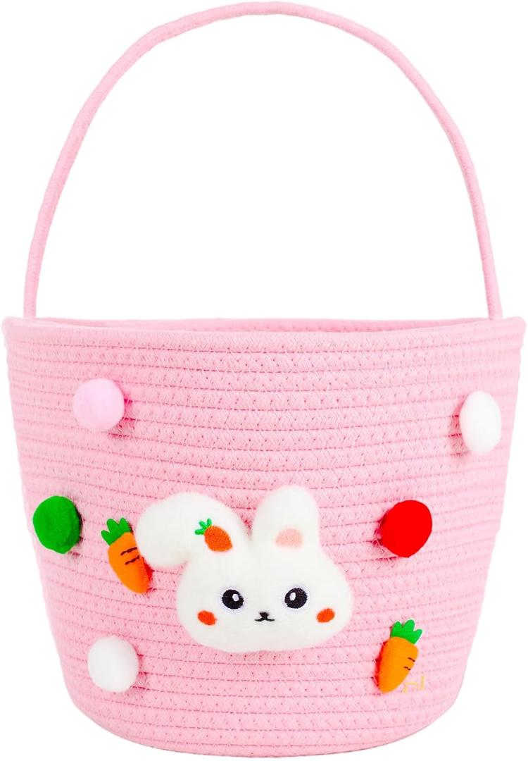 ShellKingdom Gift Basket, Cute Bunny Handle Bucket for Boys Girls, Empty Woven Cotton Rope Basket for Birthday, Gifts, Party, Home Decoration, Storage Organizer (Easter Pink)