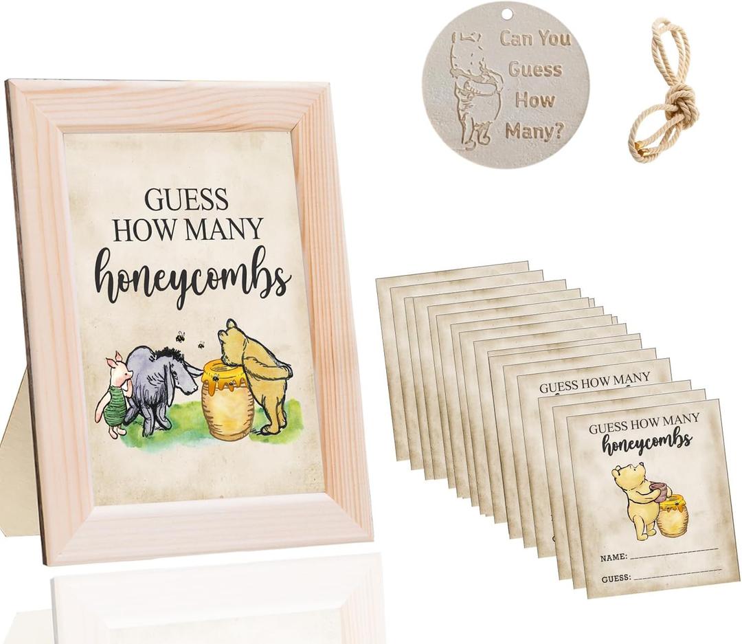Classic The Winnie Bear Guess How Many Honeycombs Game- Perfect for Baby Showers, Newborn Parties & Birthdays Decorations | Wood Frame + Sign + Guest Game Card - 40 Pcs Set