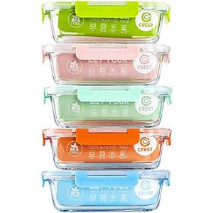 C CREST [5-Pack] Glass Lunch Box, Meal Prep Glass Containers with Lids, Glass Food Storage Containers, 34 OZ