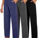 Huukeay 3 Pack Women's Lounge Pants, Cozy Wide Leg Lounge Slacks with Pockets Loose Flowy Yoga Sweat pants Workout Comfy Jogger, L
