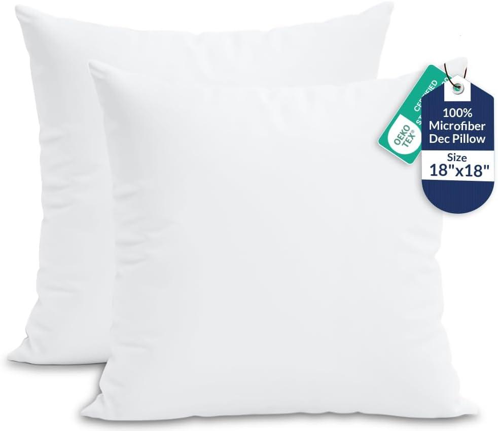 ROYALE LINENS 18 x 18 Pillow Insert - Down Alternative Throw Pillows Insert - Square Pillow Pack of 2 White - Bed & Couch Pillows - Inner Cushion for Bed, Cushion for Living Room - Shams Stuffer