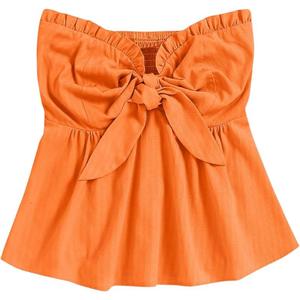 SOLY HUX Women's Frill Trim Tie Front Tube Top Sleeveless Strapless Ruffle Summer Tops, Plai Orange, Small