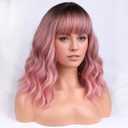PATTNIUM Ombre Pink Wig with Bangs for Women Shoulder Length Short Wavy Curly Pink Bob Wigs 12'' Heat Resistant Synthetic Wig (Ombre Pink)