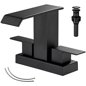 GGStudy Bathroom Faucet Matte Black Modern 2 Handles 4 Inches Centerset RV Black Waterfall Bathroom Vanity Faucet with Drain Assembly