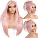 Pink Wear and Go Glueless Wigs Light Pink Synthetic Lace Front Wigs Pre Plucked Pre Cut Long Layered Straight Wigs with Curtain Bangs For Woman middle Part Wig 26 Inch for Beginners