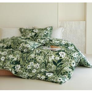 Green Floral Comforter King Size - 100% Organic Cotton Comforter Set 3pcs, Botanical Print Soft Bedding Set