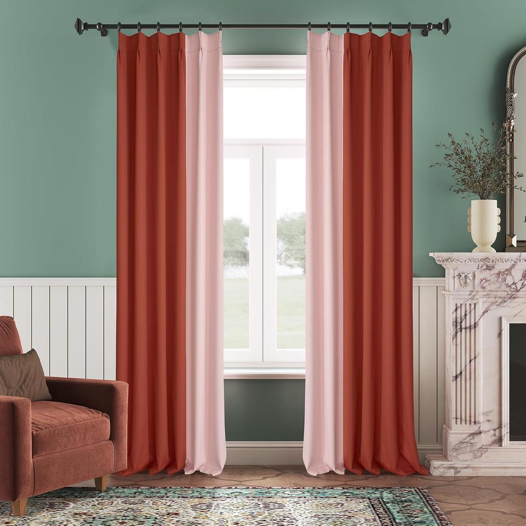 96 Inches Long Baby Pink and Burnt Orange Pleated Curtains for Bedroom, Room Darkening Soundproof Memory Shaped Two Colors Pleated Drapes with Hooks for Traverse Rod, 42"x96"x2