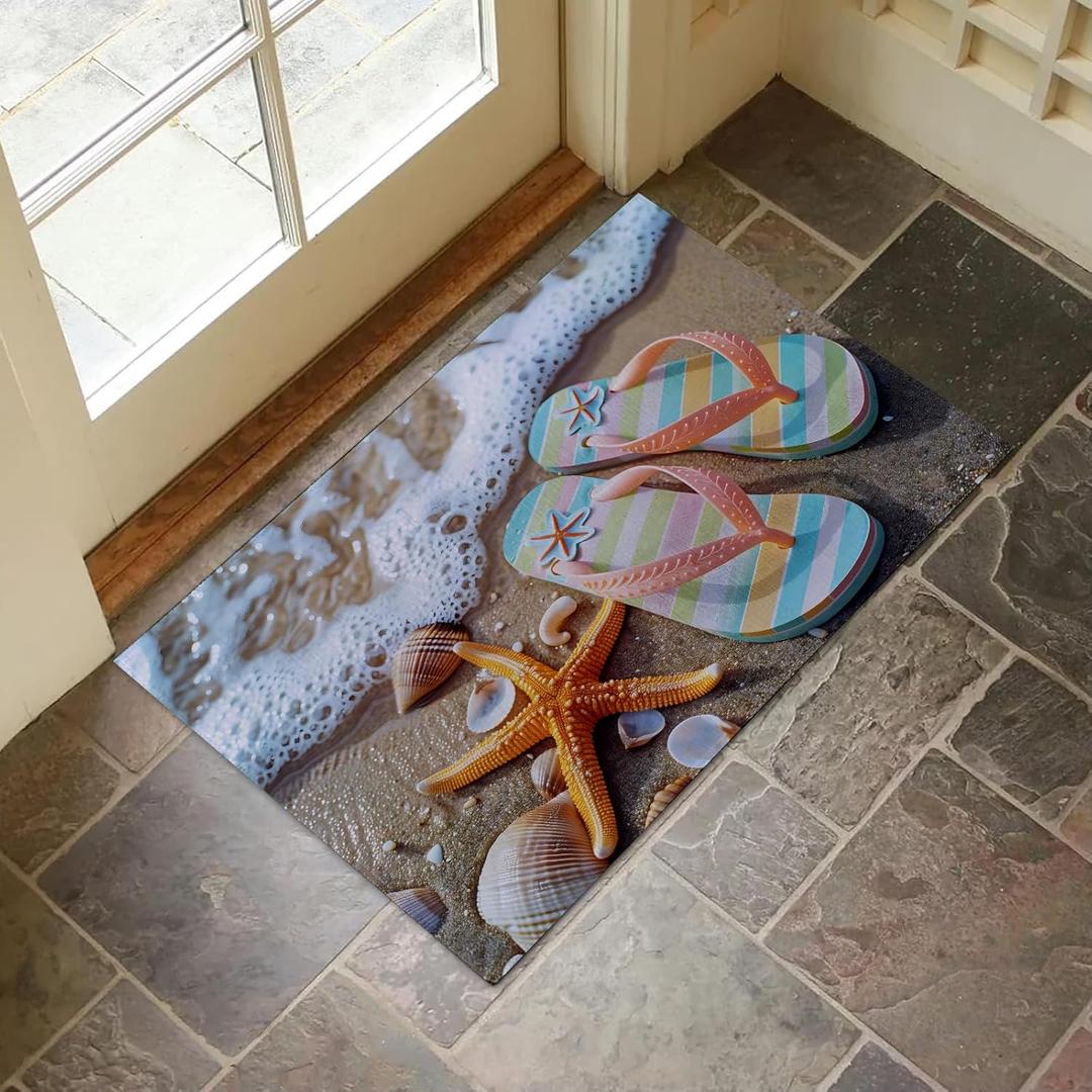Flip Flops and Starfish Indoor Door Mat for Entryway, 17x29.5 Inch, Striped Flip Flops Floor Doormat for Home Decor, Non-Slip Rug Mat for Living Room, Kitchen, Bedroom, Gifts for Beach Lovers