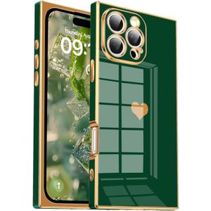 Tzomsze Compatible with iPhone 16 Pro Max Case for Women Girls,Camera Protection Cute Heart Pattern & Electroplate Reinforced Corners Shockproof Edge Bumper Case-Dark Green