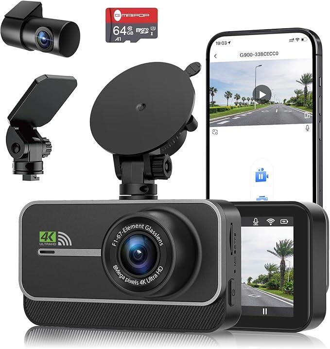 Dual Dash Cam 4K Front and FHD1080P Rear Dash Camera,5.8G WiFi for Cars, 3.0" IPS Screen,UHD Night Vision 24H Parking, Dual 170° Wide Angle, WDR, GSensor,Free 64GB Card Can Supports 256GB Card Max