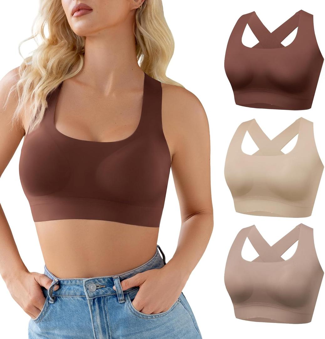 DEANGELMON Seamless Bras for Women Wirefree Full Coverage Padded Bra Criss-Cross Back Smoothing Bra Comfort Sleep Bralettes (Medium, Dark Purple-3 Pack)