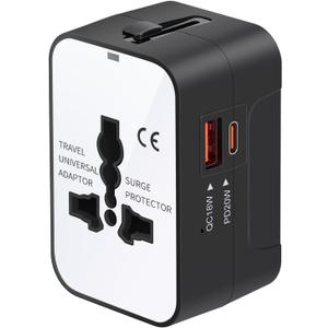 Travel Adapter Fast Charge, GaN Worldwide All in One Universal Travel Adapter with PD3.0 Type C & USB-A Quick Charging Portable Wall Charger AC Power Plug Adapter for USA EU UK AUS, White