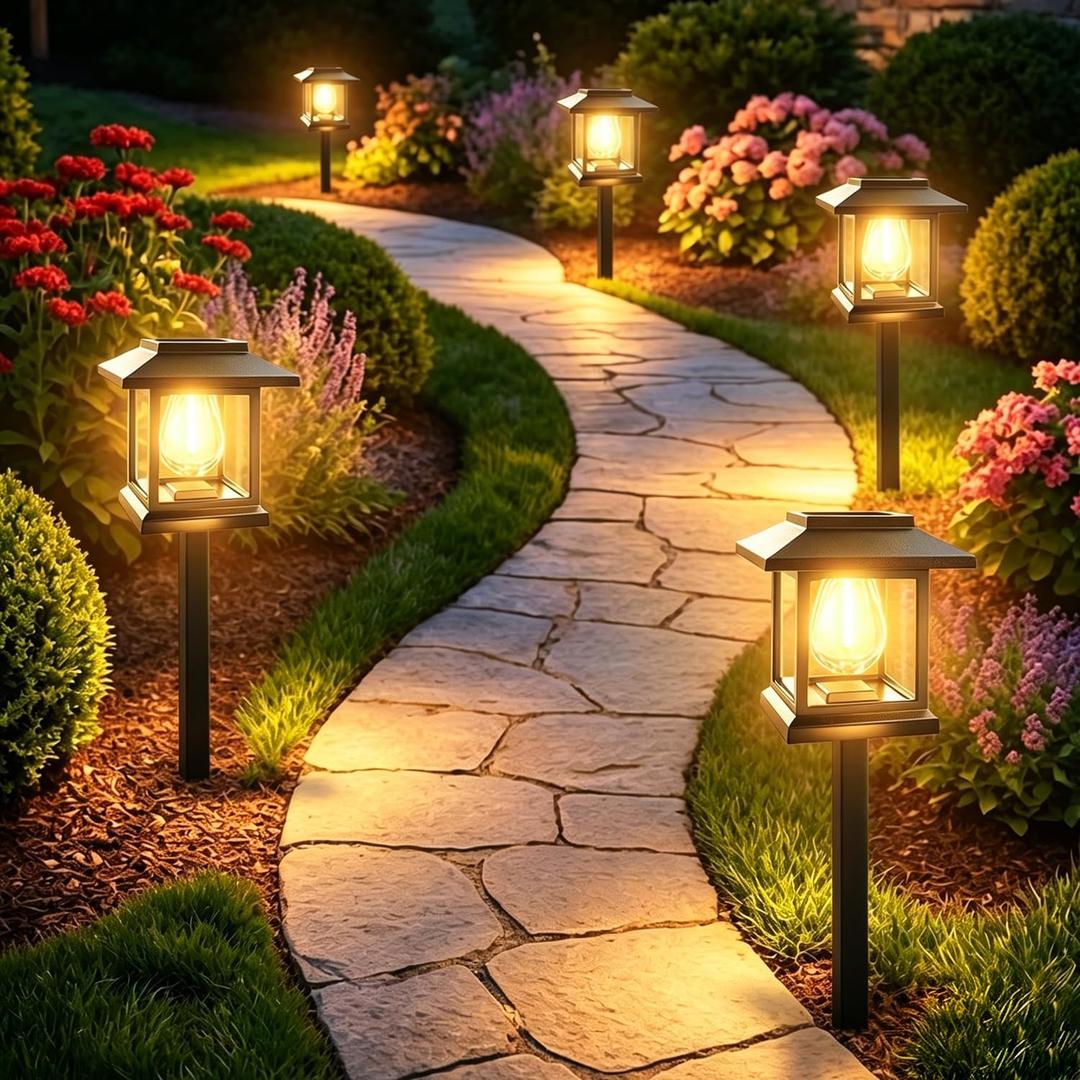 14-Pack Solar Pathway Lights - High-Efficiency Polycrystalline Panels for All-Night Glow - IP65 Waterproof Outdoor Landscape Lighting for Garden, Walkway & Driveway Security (Black)