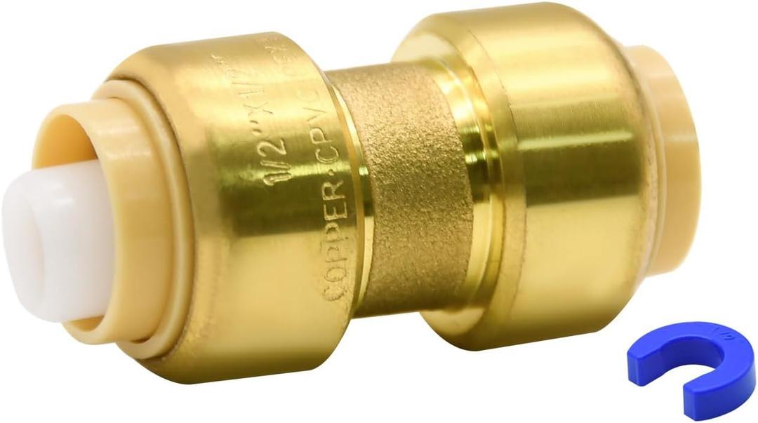 1/2" Push-fit Straight Coupling Plumbing Fitting, 1/2" Brass Push-to-Connect Plumbing Fitting, for Copper, PEX, CPVC Pipe