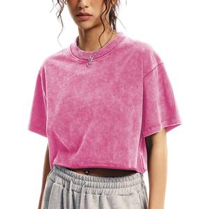 Womens Oversized Vintage T Shirts Casual Cropped Tees Short Sleeve Cotton Acid Wash Tops Summer Grunge Shirts (Small, Rose Red)