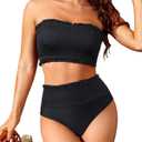 Yonique Women's Bandeau Bikini Set Two Piece Smocked Swimsuits Ruffle Off Shoulder Bathing Suit with High Waisted Bottoms Pure Black XL