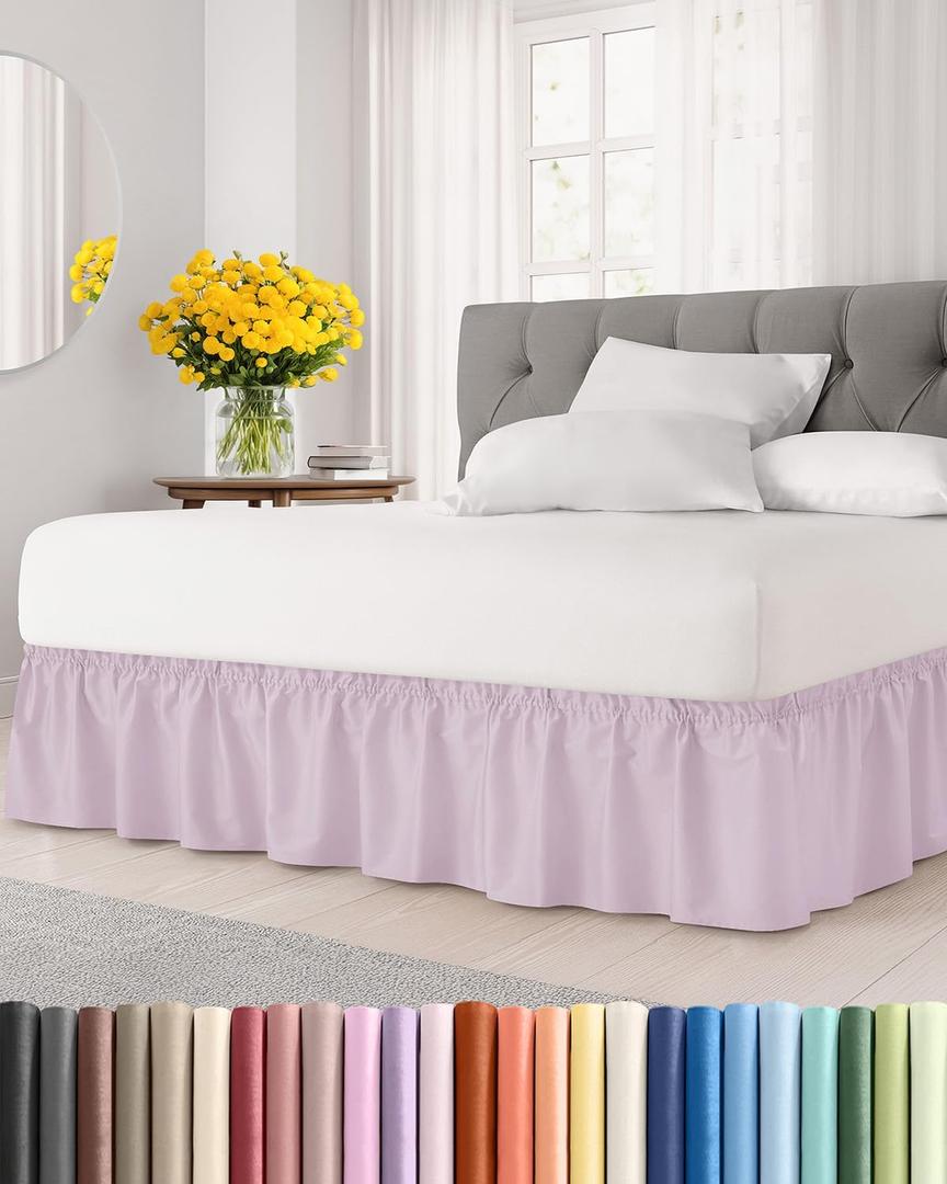 Wrap Around Dust Ruffle Bed Skirt - Light Lavender - for Full Size Beds w/ 24 Inch Drop - Easy Fit Elastic Strap - Adjustable Pleated Bedskirt Brushed Fabric - Wrinkle Free - Women, Men, Kids & Teens