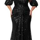 Women's Plus Size Off Shoulder Puff Sleeve Sequin Formal Maxi Dress Evening Party Gowns 2XL