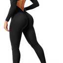 YEOREO CoreFlex Long Sleeve Jumpsuits for Women V Back Bodysuit Workout Full Length Bodycon Scrunch Leggings One Piece Romper, Large