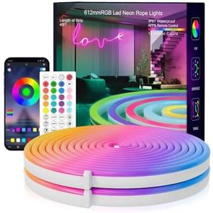 Neon Rope Lights, 19.68FT RGB Led Strip Lights, Waterproof IP67, DIY Design, Music Sync, 24 Keys Remote Control, Multiple Modes, for Living Room, Bedroom, Holiday Decoration