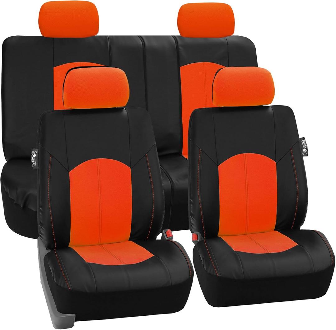 FH Group Automotive Seat Cover Highest Grade Faux Leather Orange Black Full Set, Combo Car Seat Cover Design Airbag Compatible Split Bench Tan Car Seat Cover Interior Accessories Universal Fit SUV