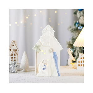 10 Inch Ceramic Nativity Set with Light, Nativity Scene for Christmas Indoor White Figurine Holiday Home Tabletop Decorations