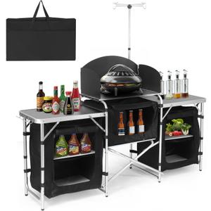 Camping Kitchen Table, Folding Table,Outdoor Cooking Table with Storage Carrying Bag, Aluminum Cook Station with Windscreen and 3 Multifunctional Storage Cupboards, BBQ, Outdoor, RV, Party, Black With Three Cupboard