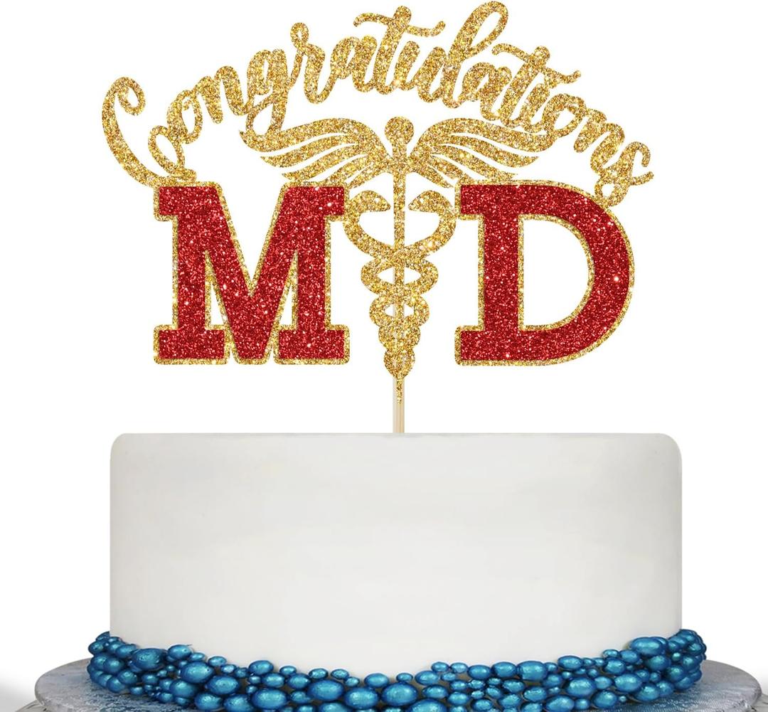 2 x Congratulations MD Cake Topper, Congrats Doctor Grad, Med School Survivor, Medical School Graduation Party Decorations, Gold and Red Glitter