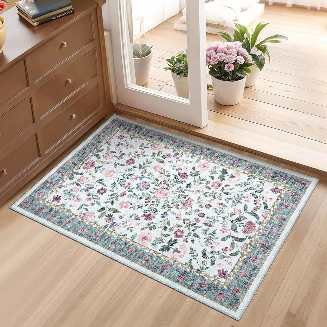 GarveeHome 2x3 Floral Rugs for Entryway, Non-Slip Soft Vintage Throw Door Mat, Low Pile Foldable Farmhouse Carpet, Non-Shedding Indoor Washable Small Rug for Bedroom, Light Blue