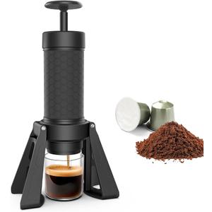 Manual Espresso Machine, 15 Bar Portable Coffee Maker for Ground Coffee and NS Capsules, 4-in-1 Brewing for Espresso Drip Cold Brew, Foldable for Travel Camping Office