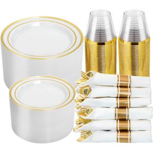 N9R 350PCS Gold Plastic Dinnerware Set for 50 Guests, Include: 50 Dinner Plates, 50 Dessert Plates, 50 Pre Rolled Napkins with Silverware and 50 Cups, White and Gold Disposable Plates for Party