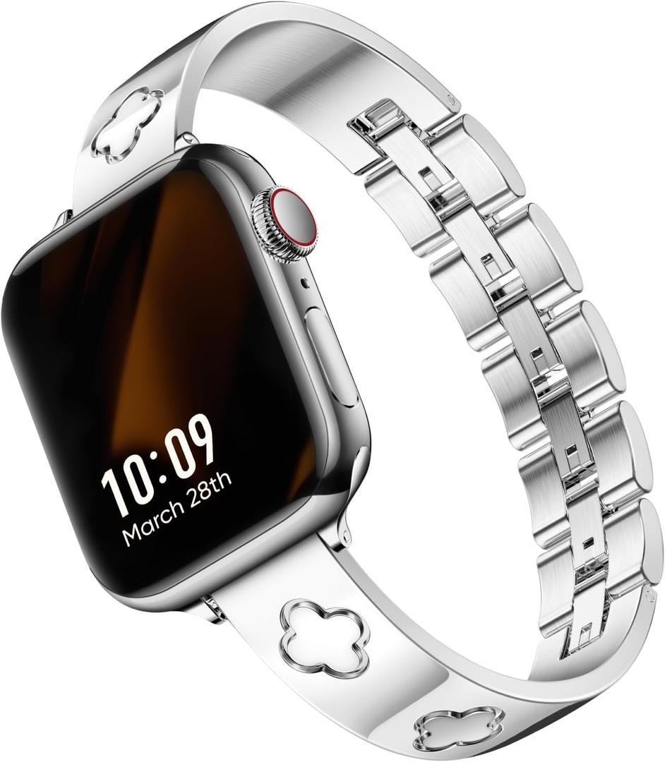 Missair Compatible with Apple Watch Band 38mm 40mm 41mm 42mm 44mm 45mm 46mm 49mm, Four Leaf Lucky Bracelet Women Dressy Stainless Steel Metal Clover Strap for iWatch Series 11 10 9 8 7 6 5 4 SE Ultra (Silver) Missair Compatible with Apple Watch Band 38mm 40mm 41mm 42mm 44mm 45mm 46mm 49mm, Four Leaf Lucky Bracelet Women Dressy Stainless Steel Metal Clover Strap for iWatch Series 11 10 9 8 7 6 5 4 SE Ultra (Silver)