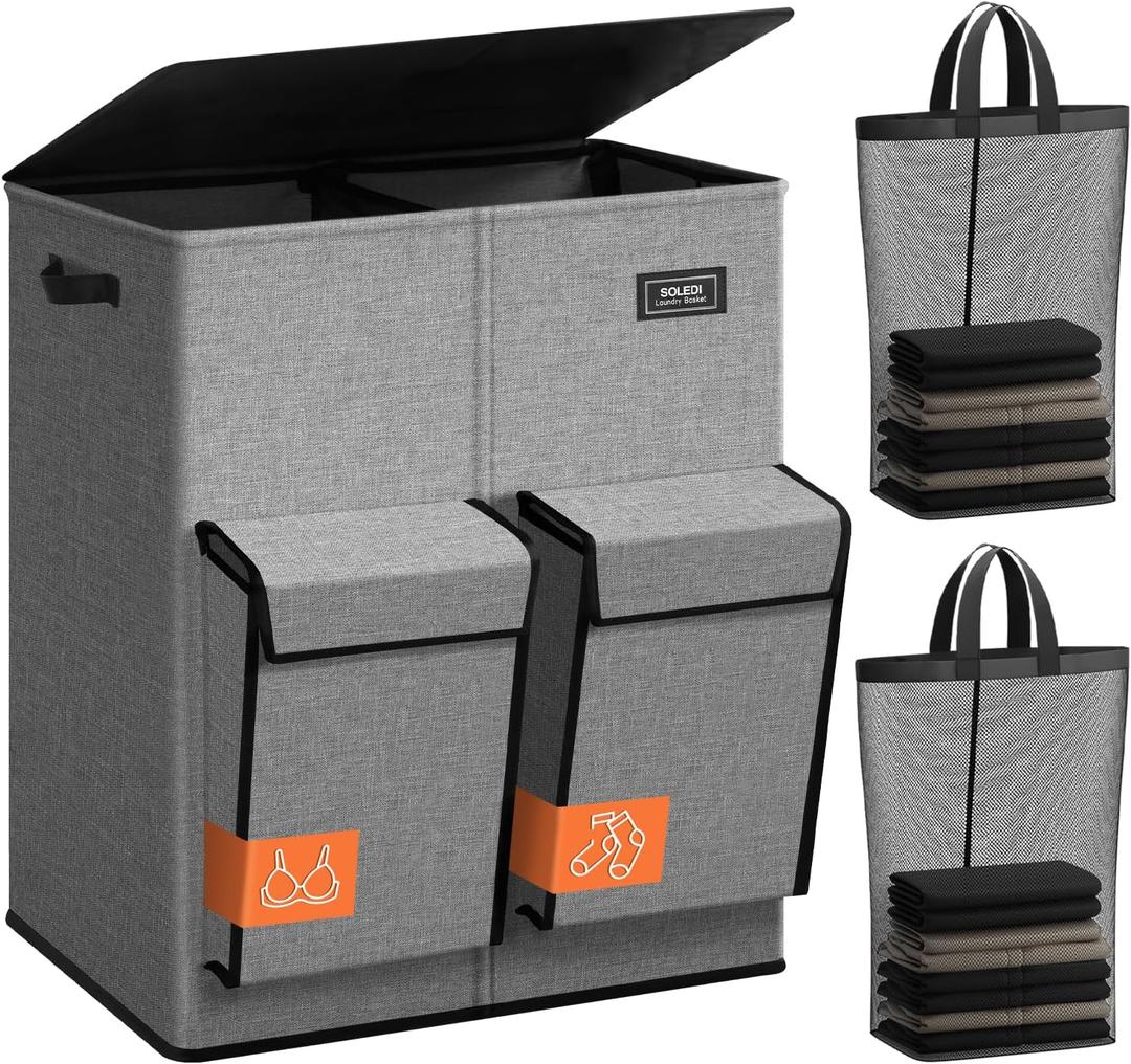 SOLEDI 180L Double Laundry Hamper with Lid and 2 Side Pockets, Dual Hamper | 2 Section Laundry Basket, Removable & Washable Laundry Bags, 180L Large Capacity, for Bedroom, Bathroom, Laundry Room, Dorm