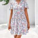 BTFBM Women Spring Dresses 2026 Short Sleeve V Neck Tiered Ruffle Boho Swing Dress A-Line Floral Mini Dresses (M)