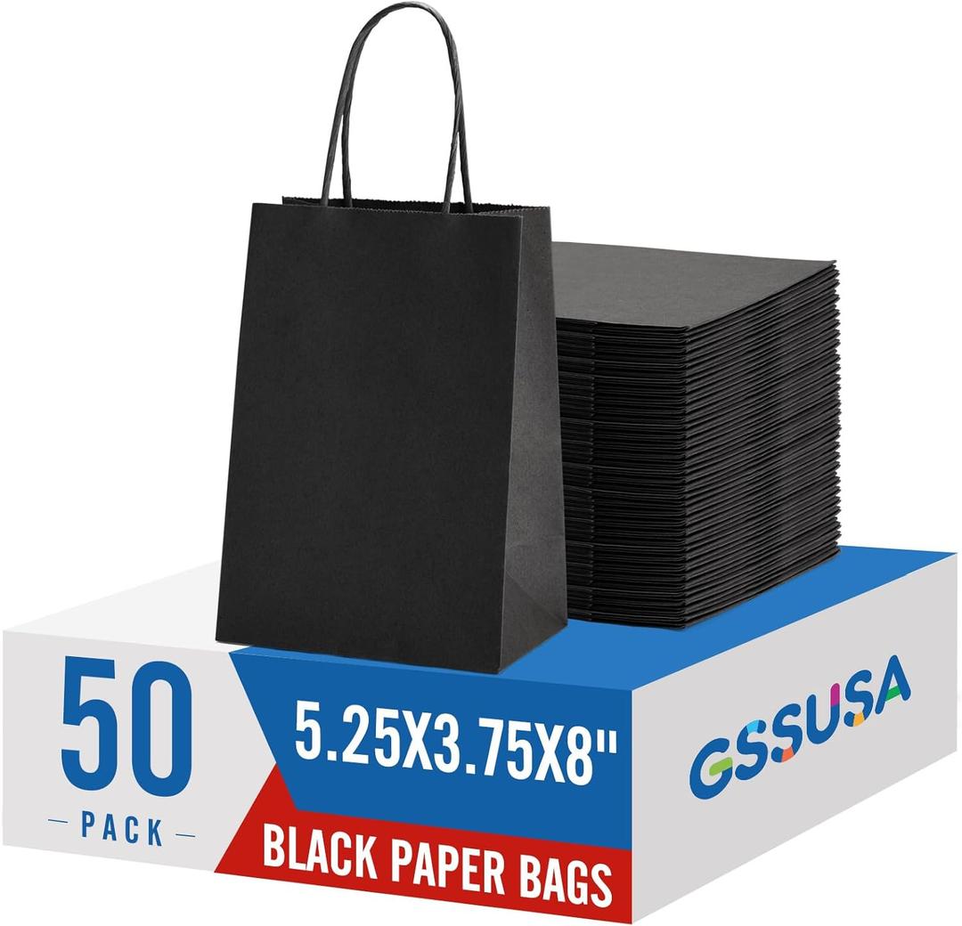 GSSUSA 5.25x3.75x8 50Pcs Black Gift Bags with Handles,Small Gift Bags Craft Bags for Small Business, Black Goodie Bag,Sturdy Kraft Paper Bag, Retail Shopping