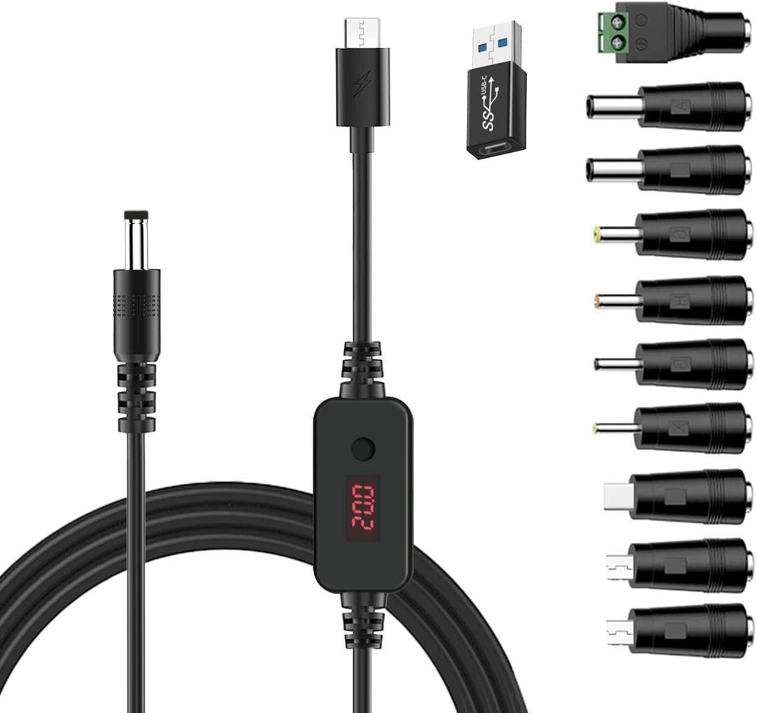 Universal PD Fast Charger, USB-C to DC 5V/9V/12V/15V/20V Multi-Voltage Adapter Cable with LED Display, 11 Connectors, for Phones, Laptops, Tablets, Led Light, Lamps, Cameras, Routers, 4ft