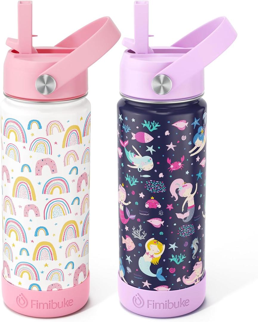 Fimibuke Kids Insulated Water Bottle, 18oz BPA FREE Kids Cup with Straw Double Wall Vacuum Tumbler 18/8 Stainless Steel Leak Proof Toddler Water Bottle for School Boys Girls (2 Pack, Rainbow/Mermaid)