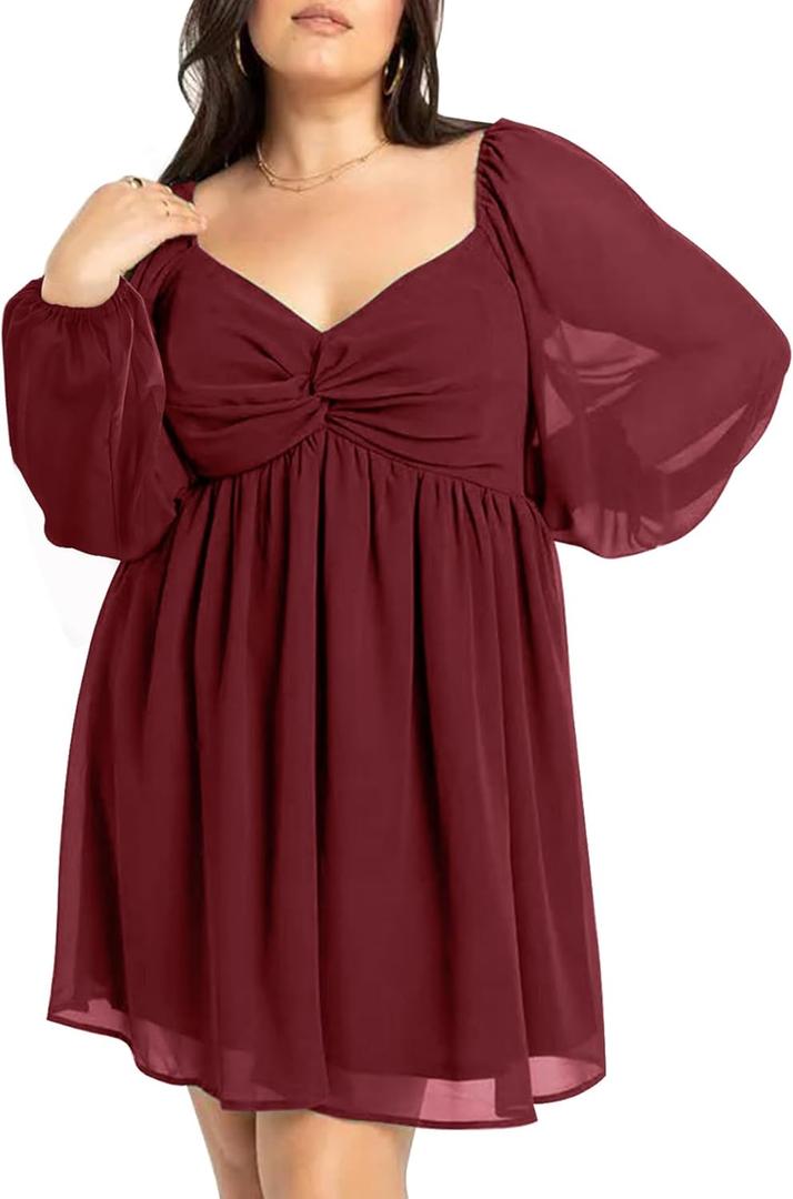 SCOMCHIC Women's Plus Size Puff Long Sleeve Dresses Sweetheart Neckline A Line Short Wedding Guest Cocktail Dress (Burgundy) 2XL