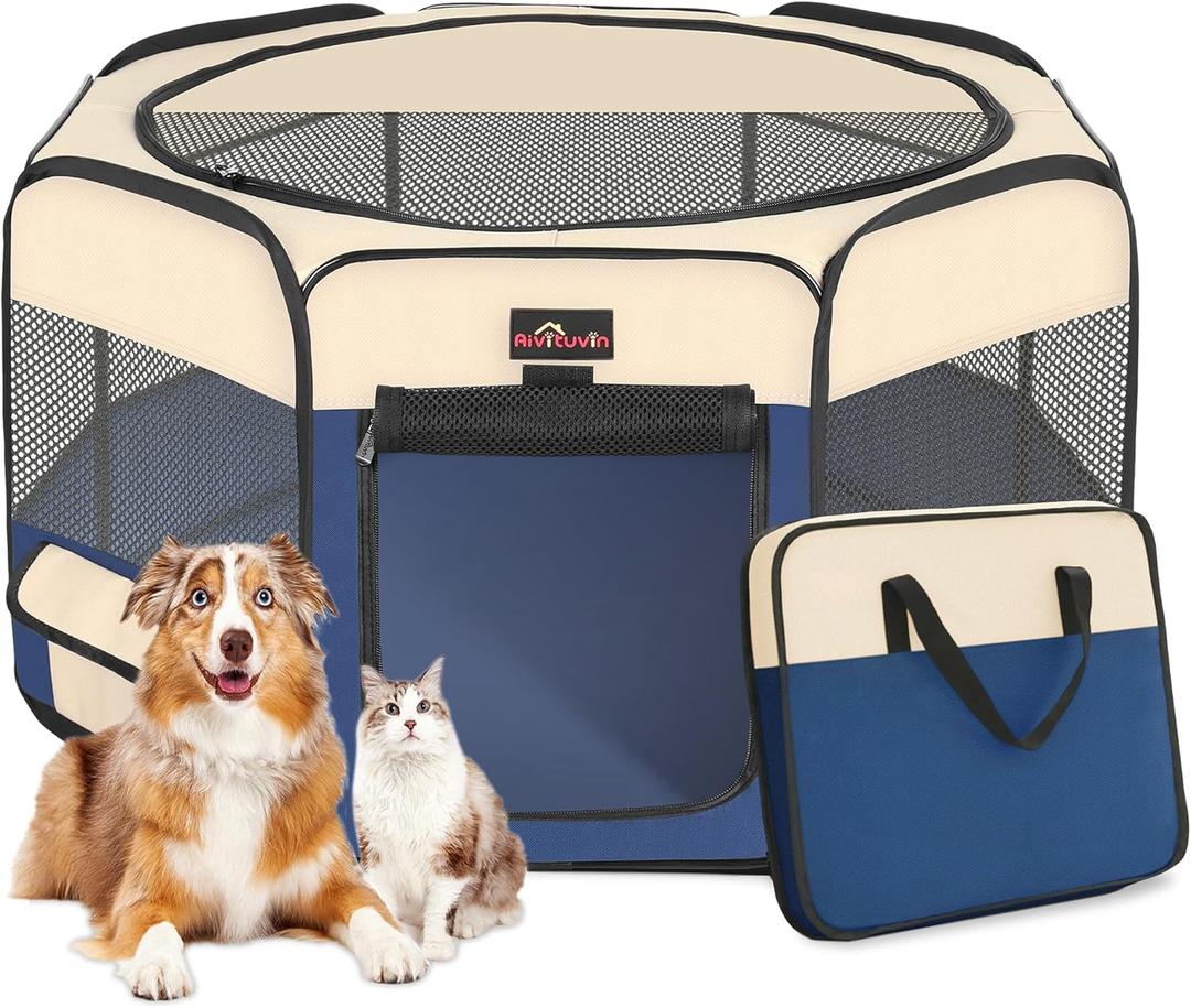 Aivituvin Dog Playpen, Foldable Pet Play Pens with Carrying Bag for Cat, Puppies, Rabbits, Portable Dog Tent Crates Cage for Travel Camping Indoor Outdoor, Removable Shade Cover, Blue S