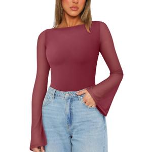 REORIA Women's Trendy Sexy Boat Neck Bell Sleeve Sheer Mesh Going Out Bodysuit Tops, 2XL