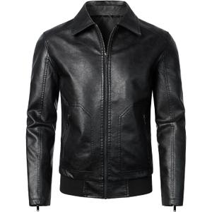 HOOD CREW Mens Faux Leather Bomber Jacket Classic Style Motorcycle Jackets (XX-Large, Black)