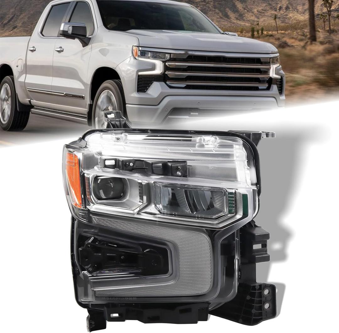 RH Chrome LED DRL Headlight Fit for 2022 2023 2024 Chevy Silverado 1500 LTZ/High Country/RST Model Head Lamp W/Redline Edition Right Passenger Side 87828578