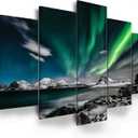 EPHANY Green Sky Night Painting - 5 Pieces Wall Art Art - Aurora Scenery Painting on Canvas Landscape Stretched and Framed Canvas Paintings Ready to Hang for Home Decorations Wall Decor, 40"x20"