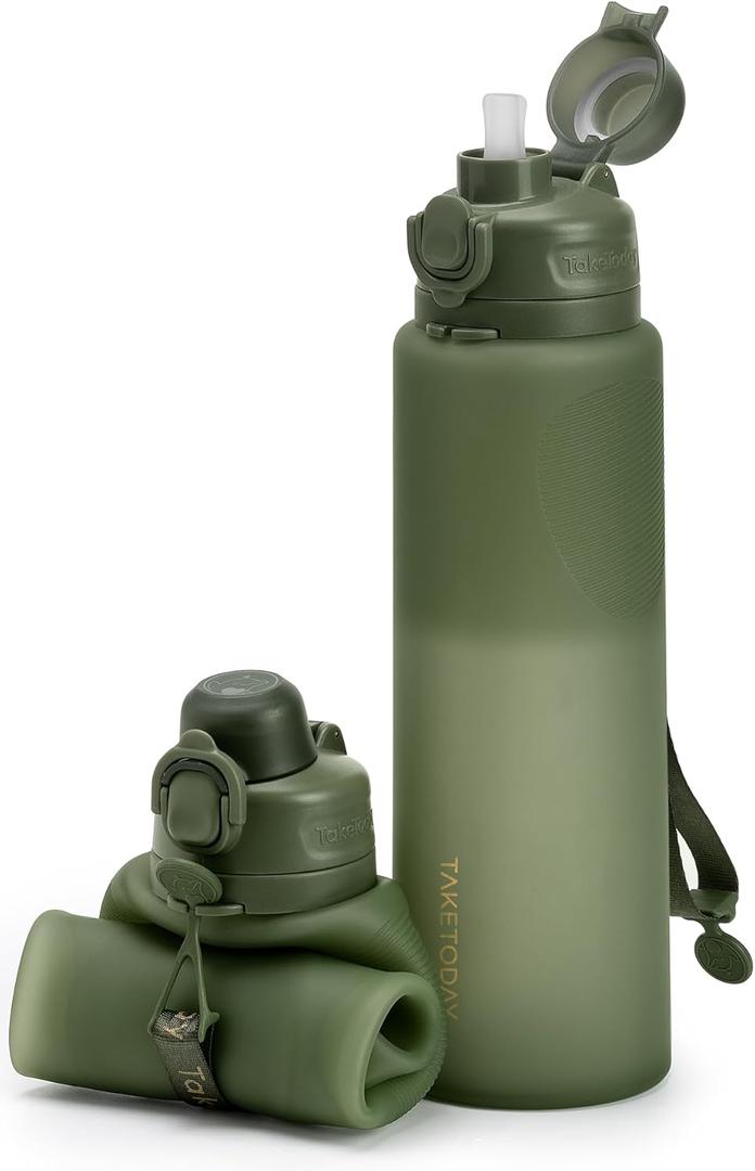 TakeToday Collapsible Water Bottles 32oz, Foldable Travel Water Bottle, BPA Free, Silicone Water Bottle Leakproof for Hiking, International Travel, Outdoors (Green)