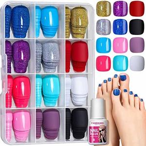 FANDAMEI Press on Toenails, 12 Colors 288PCS Press on Toe Nails Short Square, 4 Glitter Toenails Full Cover, 4 Glossy False Nails for Feet for Summer Nail Art
