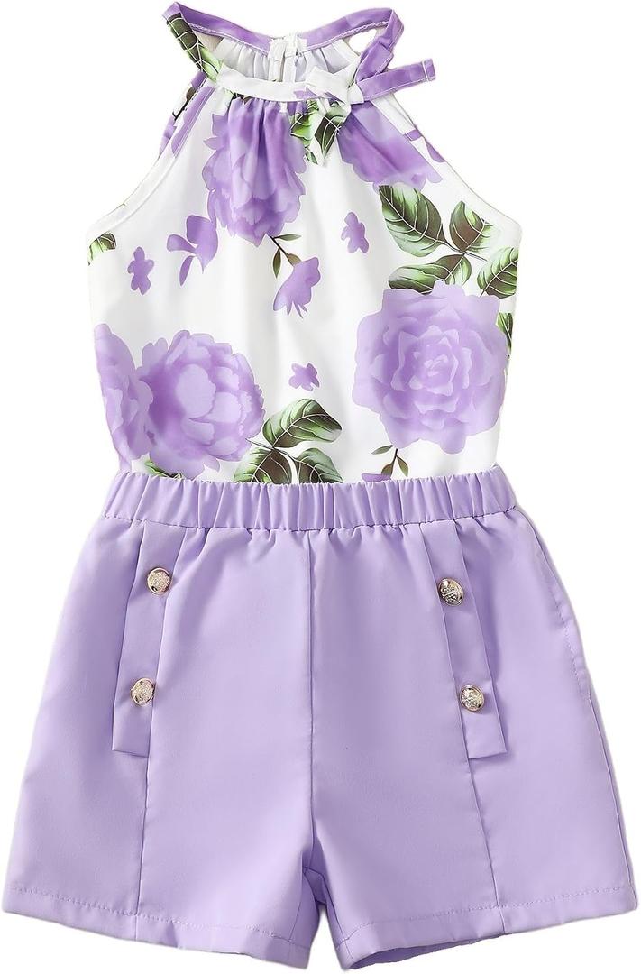 YOURUIKEY Cute Clothes for Girls Summer Outfits 2 Piece Clothing Set Purple Rose Crop Top for Kids with Pockets Tween Shorts Set Size 9