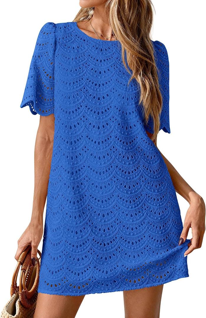 PRETTYGARDEN Women's 2026 Summer Casual Short Dresses Embroidered Lace Short Sleeve Boho Mini Dress Beach Vacation Clothes (Blue, S)