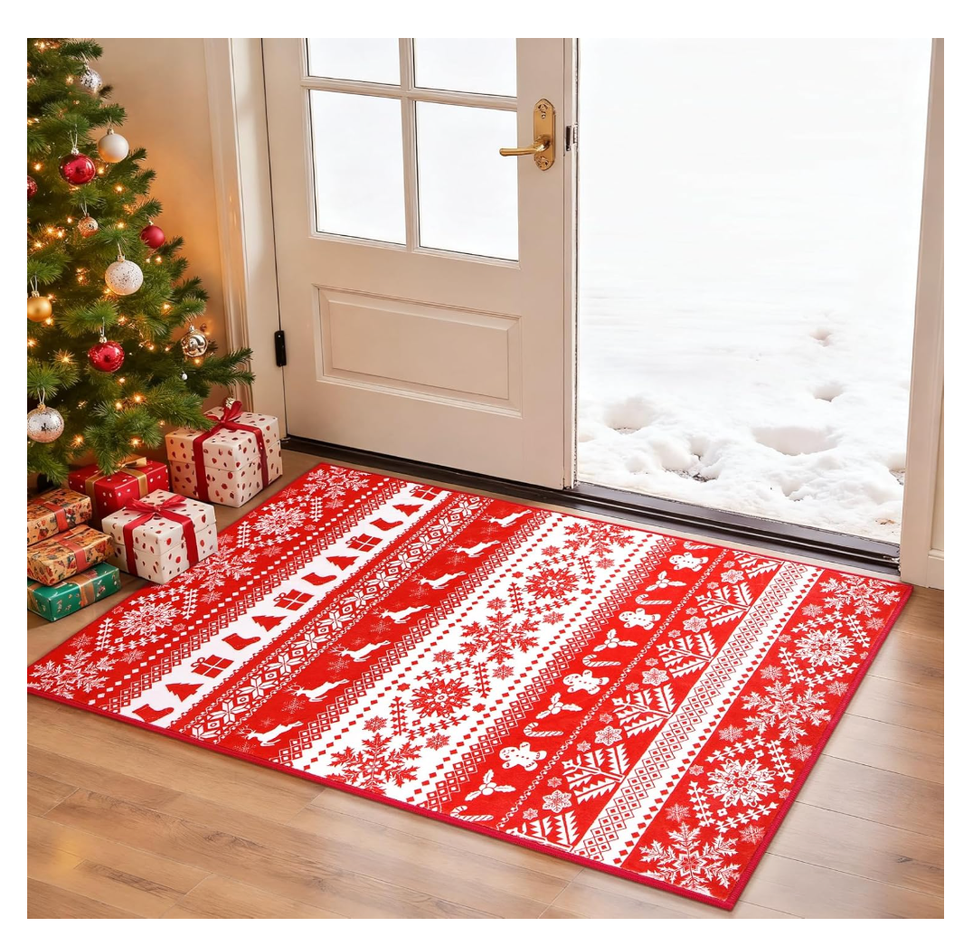 GREFFY Christmas Door Mat, Indoor Outdoor Welcome Mat for Front Door Entrances, NonSlip Kitchen Rugs Christmas Rug, LowPile Holiday Doormat 24x36 Inch, Red