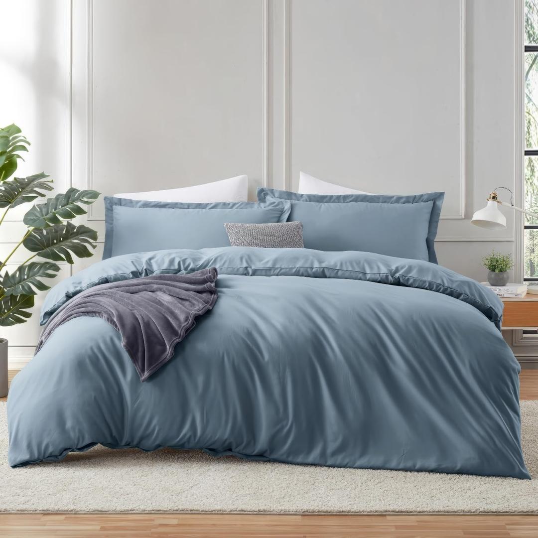 Hearth & Harbor Stone Blue Duvet Cover Full Size - 3 Piece Bedding Set, Soft Double Brushed Comforter Cover Set with Button Closure, 1 Full Duvet Cover 80x90 inches and 2 Pillow Shams